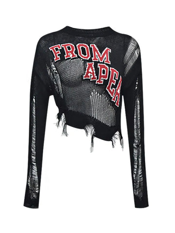 Getadme Woman Fall American Vintage Knit Top Baddie Style Cropped O-neck Sweaters Long Sleeve 2000s Irregular Design Pullovers Grunge